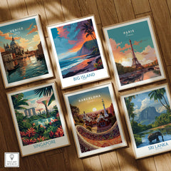 Big Island Hawaii Sunset Beach Art Print | Tropical Palm Tree Poster displayed among other travel art prints