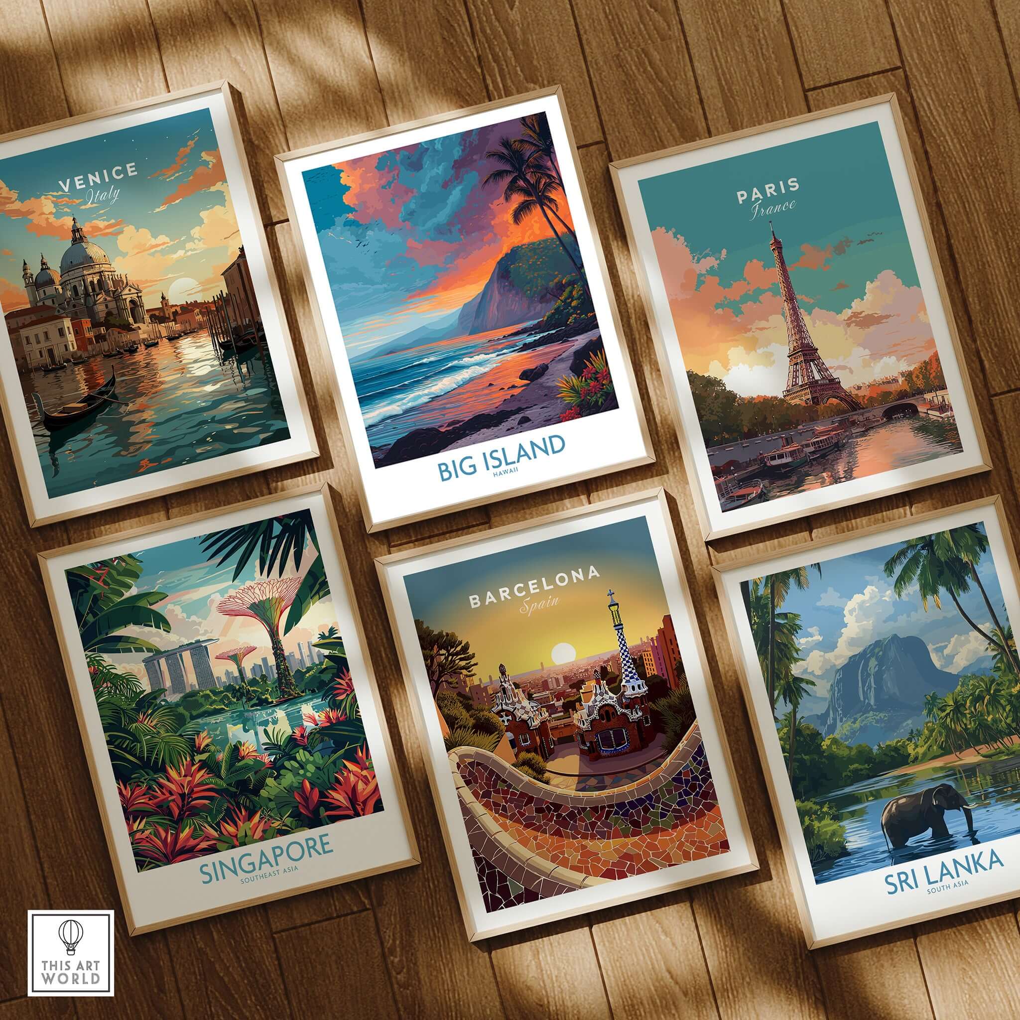 Big Island Hawaii Sunset Beach Art Print | Tropical Palm Tree Poster displayed among other travel art prints