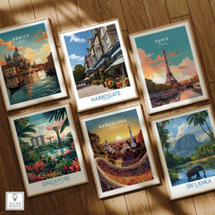 Harrogate Yorkshire Art Print | Floral Cafe Scene Poster among travel-themed art prints featuring Venice, Paris, Singapore, Barcelona, and Sri Lanka.