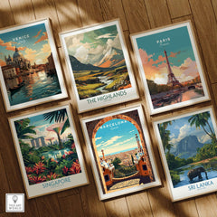 Collection of travel posters including Barcelona Poster - Park Güell, Venice, Paris, Highlands, Singapore, and Sri Lanka.