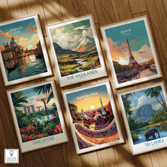 Colorful travel poster prints featuring Barcelona, Venice, Paris, Singapore, The Highlands, and Sri Lanka.