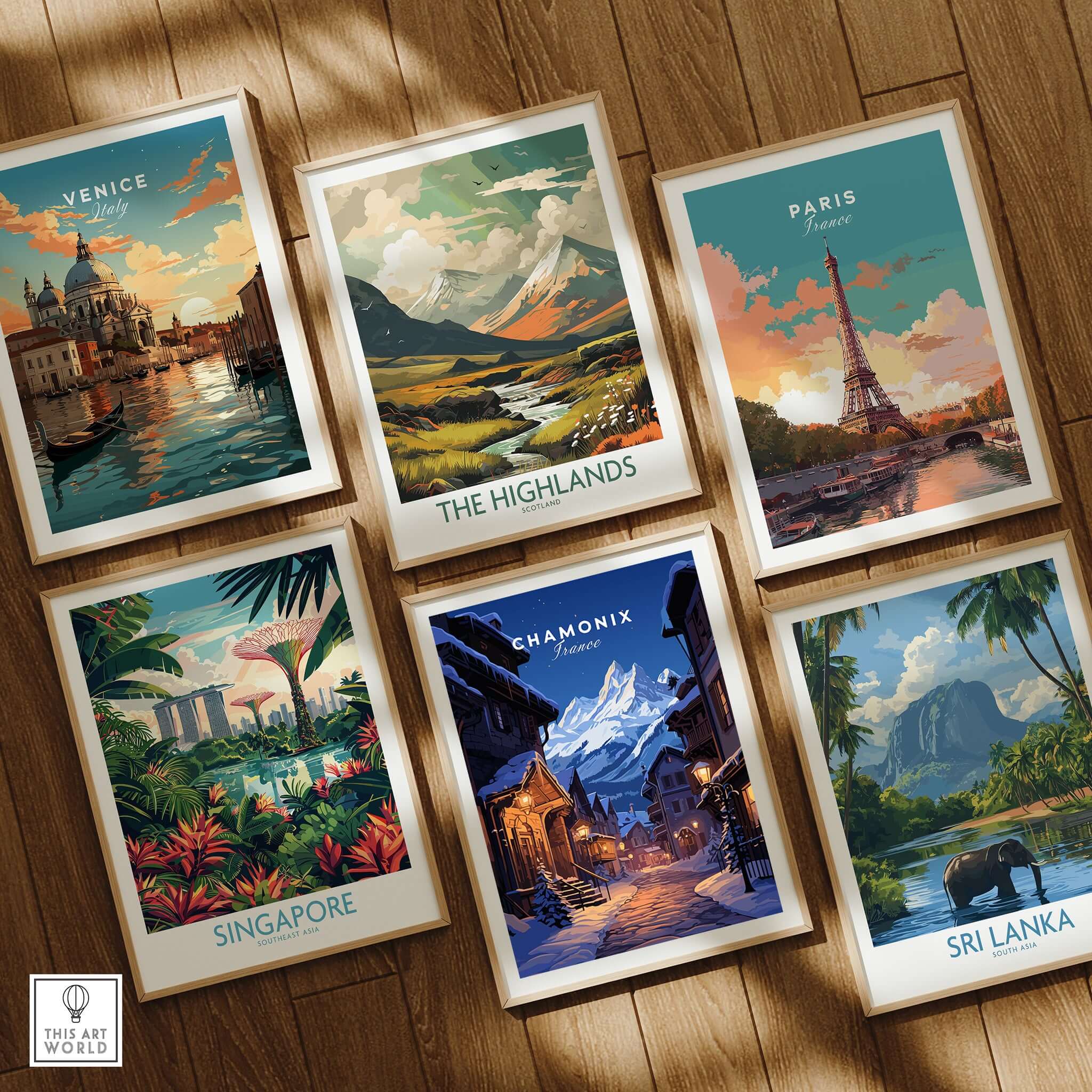 Chamonix Poster along with other destination posters including Venice and Paris in a stylish display.
