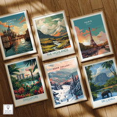 Collection of art prints including Venice, The Highlands, Paris, Deer Valley Ski Print - Utah, Singapore, and Sri Lanka.