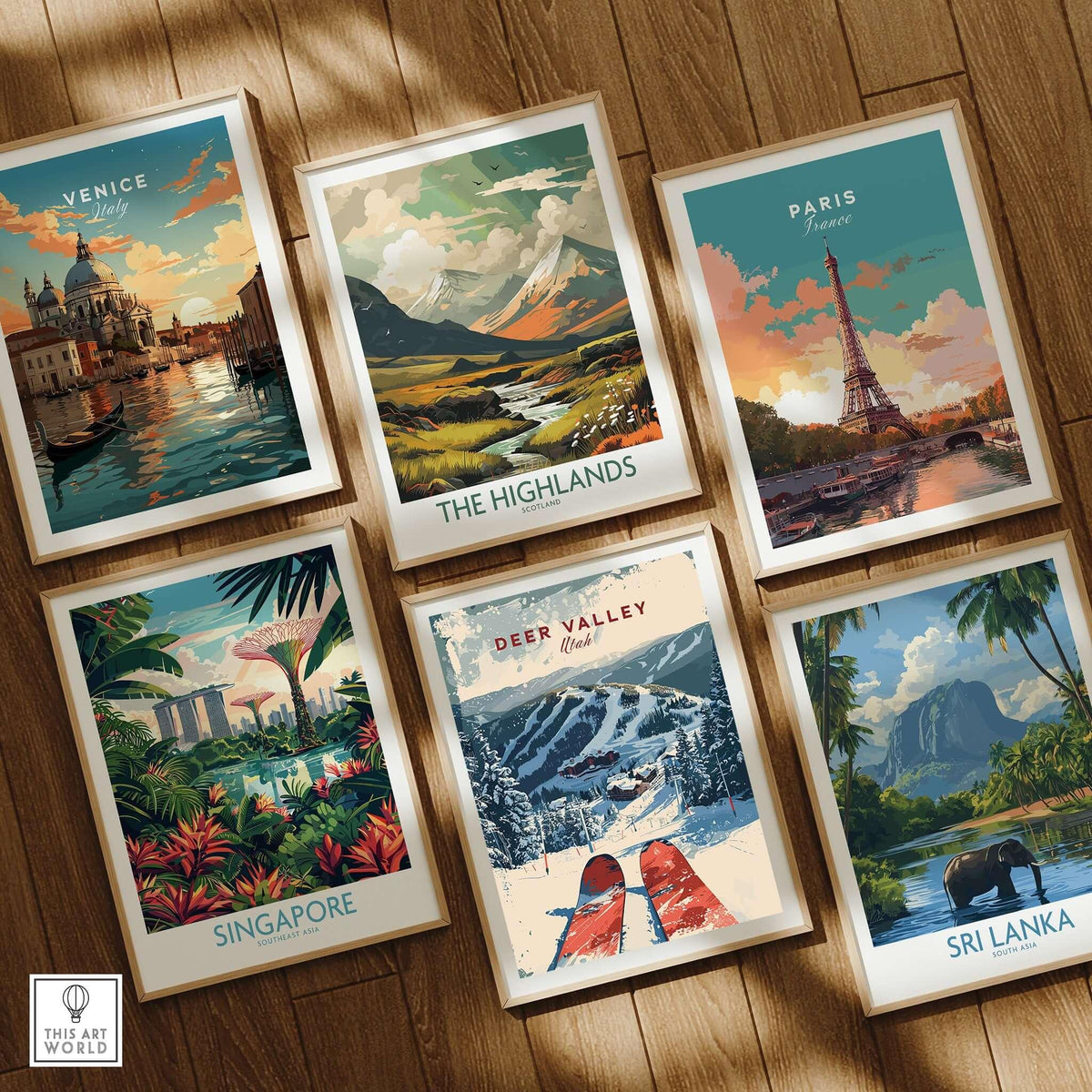 Deer Valley Ski Poster along with other travel-themed art prints in a stylish display.