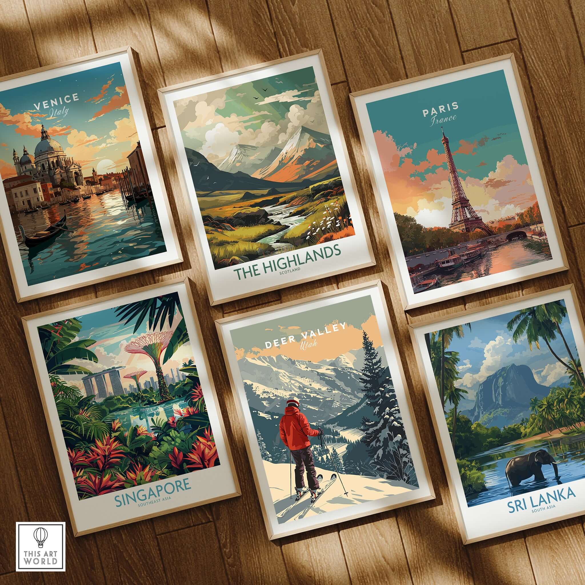 Framed travel posters featuring Deer Valley Print Utah, Venice, Paris, The Highlands, Singapore, and Sri Lanka.