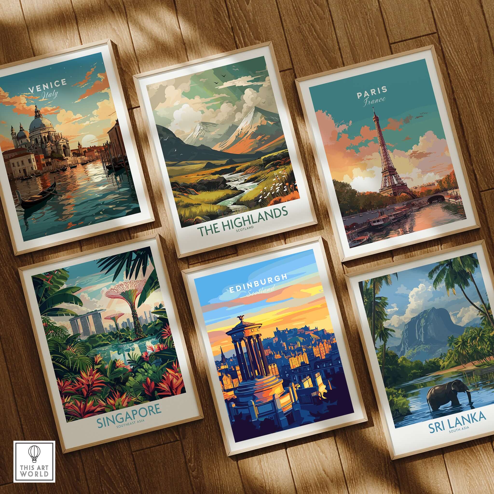 Edinburgh Travel Print and other travel prints displayed on a wooden floor, showcasing iconic cities and landscapes.