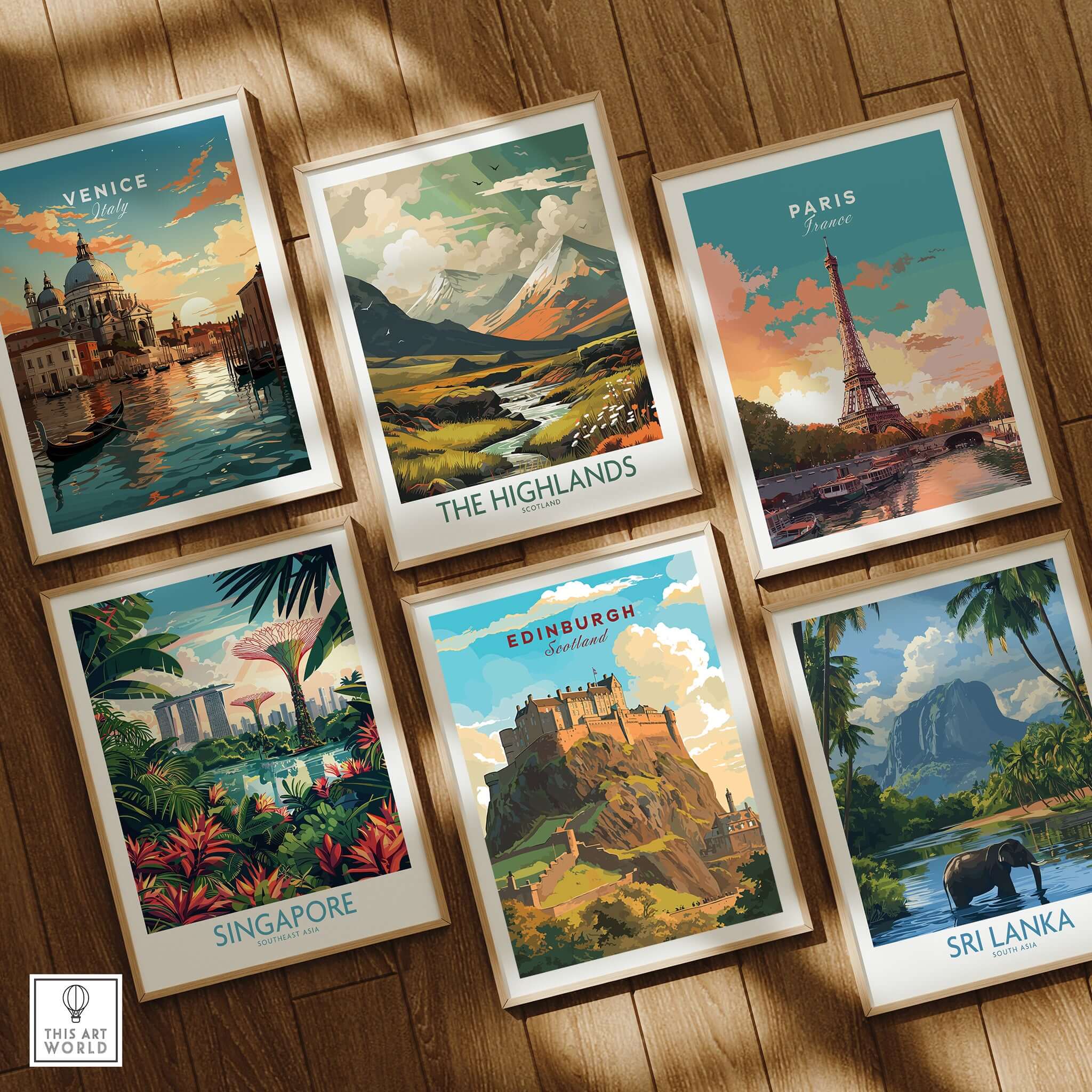 Collection of travel-themed art prints including Edinburgh Poster Print, showcasing iconic landmarks and landscapes.