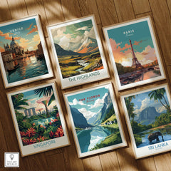 Norway Fjords Travel Poster featuring stunning landscapes and vibrant colors in a collection of travel art prints.