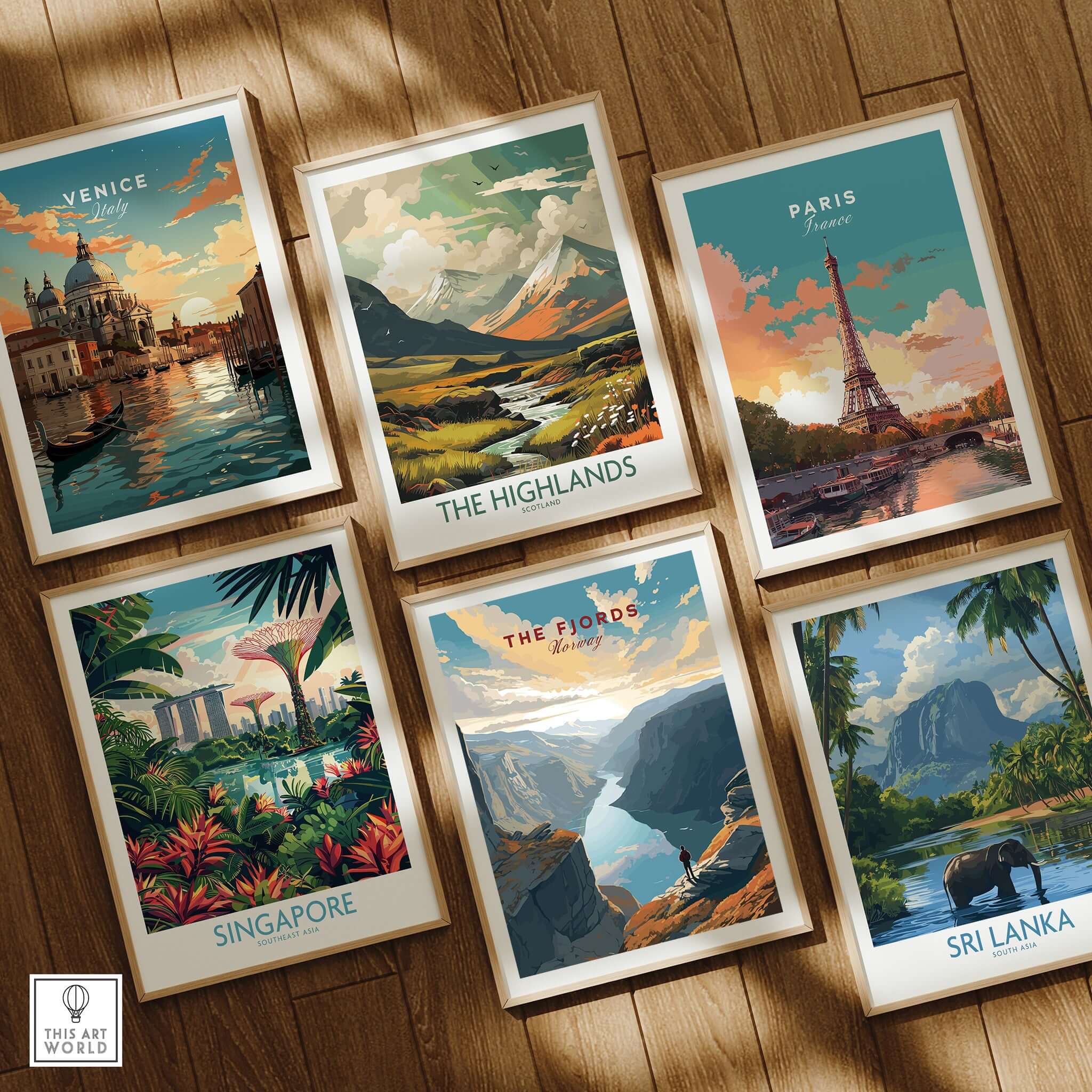 Fjord Wall Art Print - Norway featuring various iconic travel destinations in a stylish gallery wall layout.