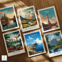 A collection of travel posters including the Isle of Skye Poster, Venice, Paris, Singapore, The Highlands, and Sri Lanka.
