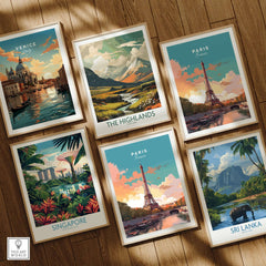 Framed art prints featuring Paris Poster - Eiffel Tower, Venice, Singapore, The Highlands, and Sri Lanka.
