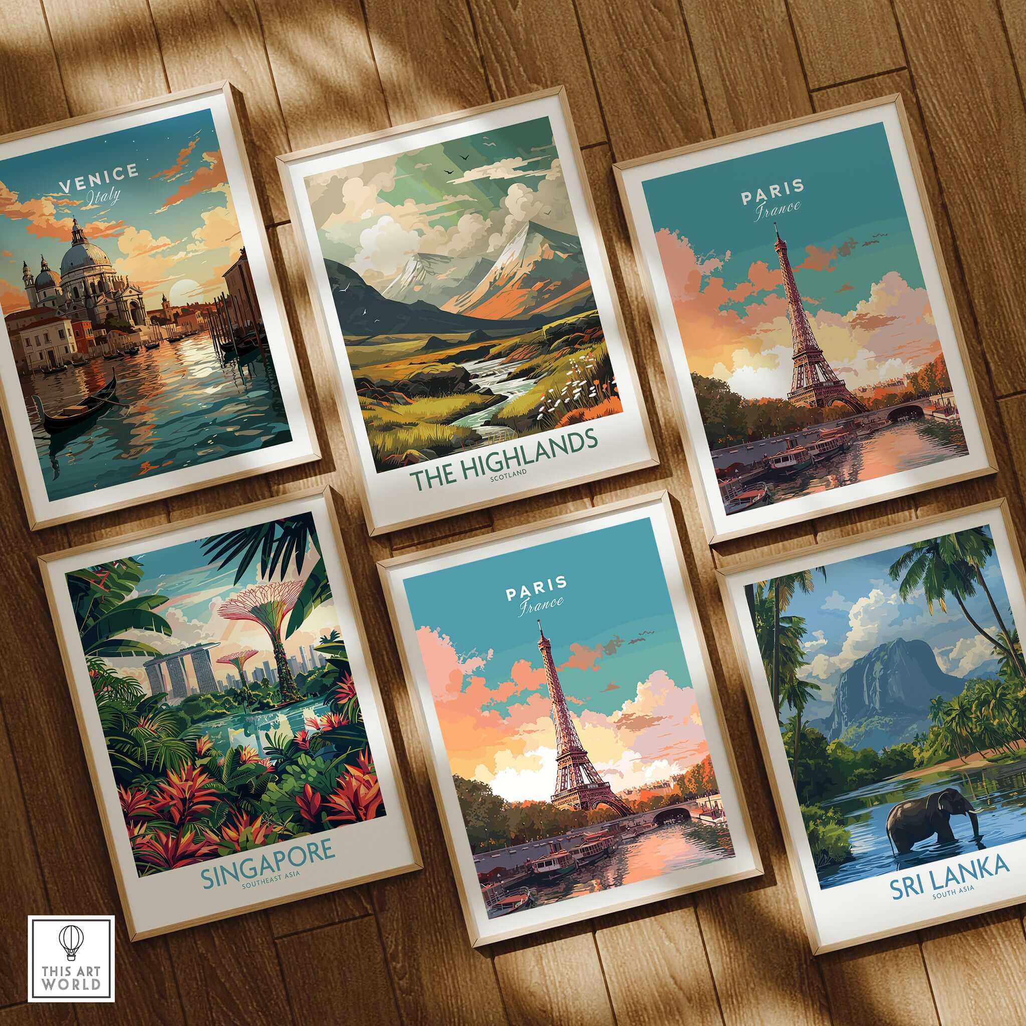 Framed art prints featuring Paris Poster - Eiffel Tower, Venice, Singapore, The Highlands, and Sri Lanka.