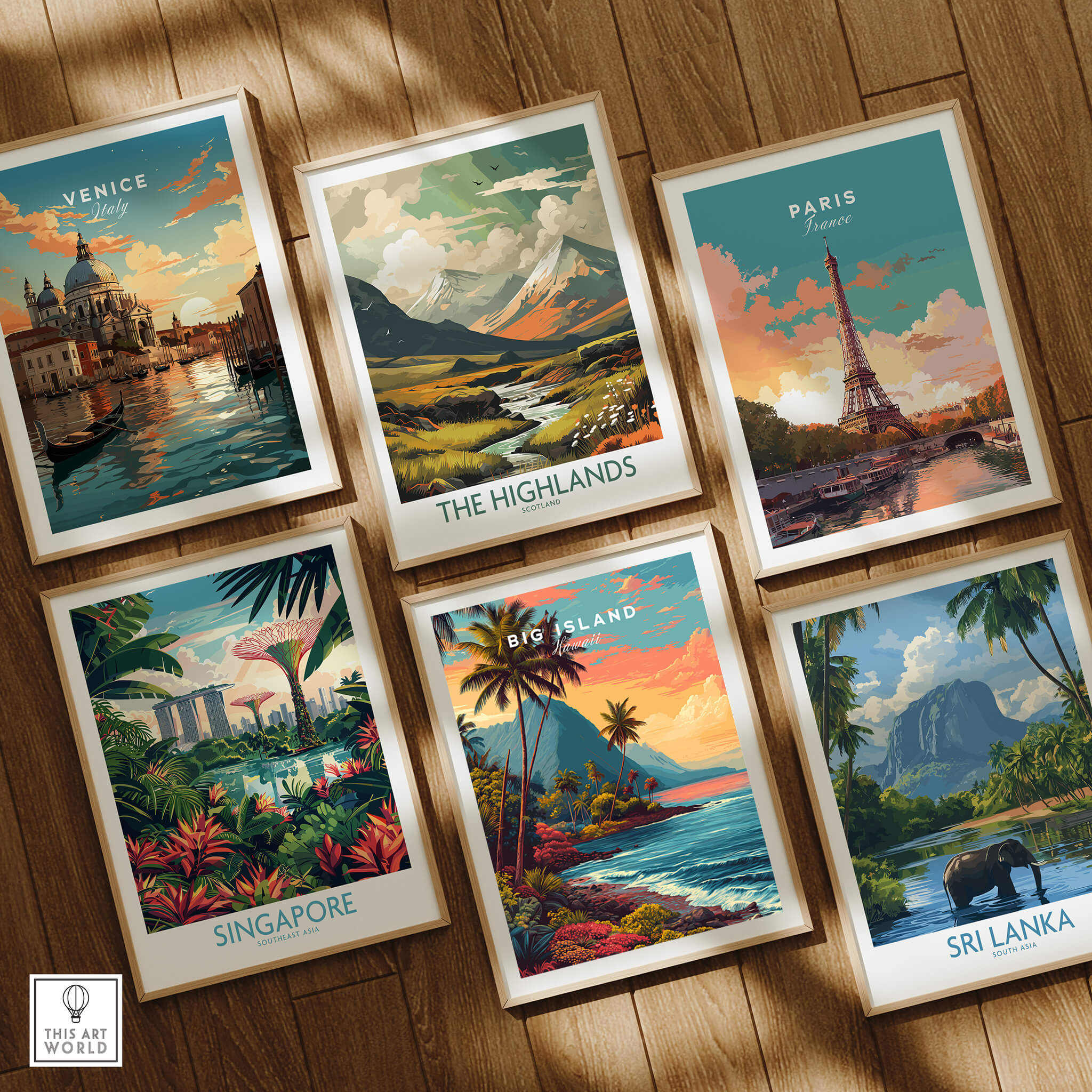 Pisa Tower Print Poster Italy Wall Art collection showcasing vibrant travel-themed posters from various destinations.