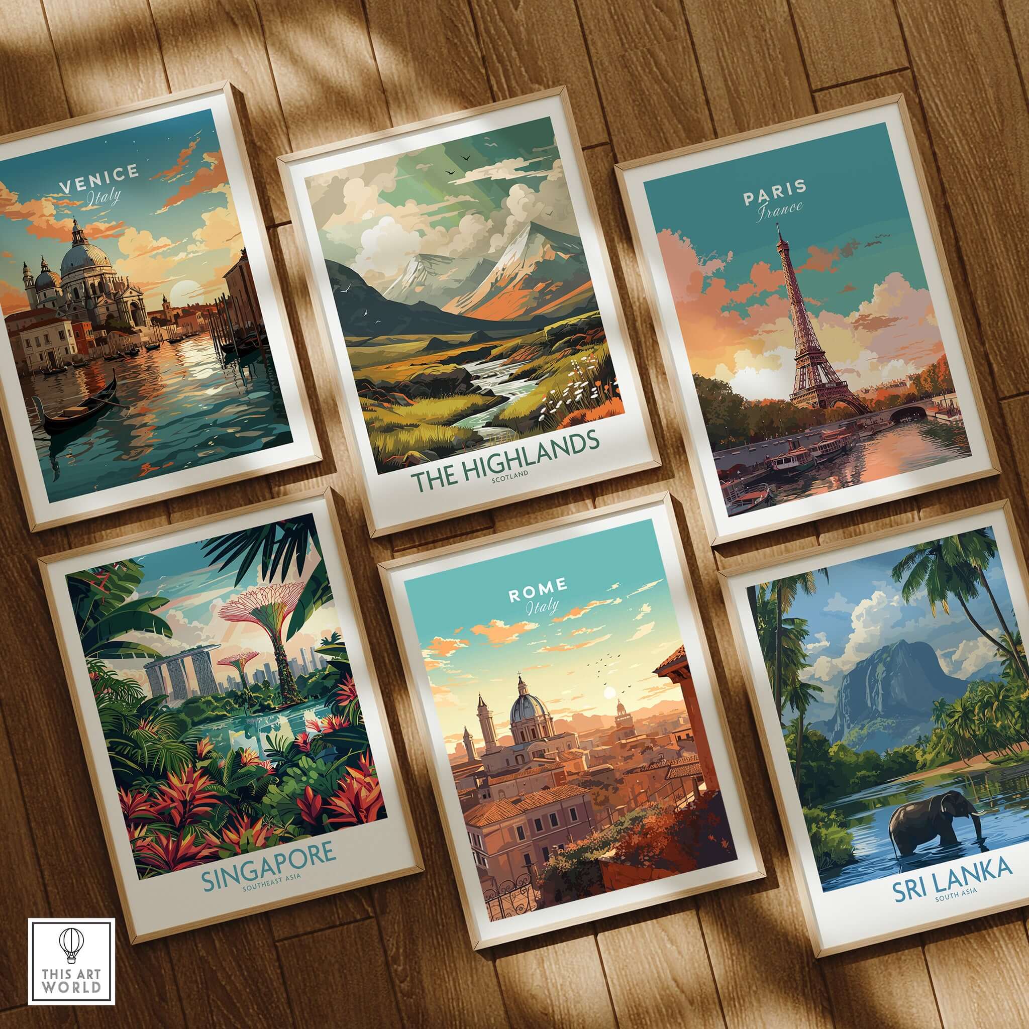 Collection of travel posters including Venice, The Highlands, Paris, Rome, Singapore, and Sri Lanka.