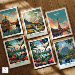 Collection of travel posters including Singapore Marina Bay Poster, depicting iconic landmarks and landscapes.