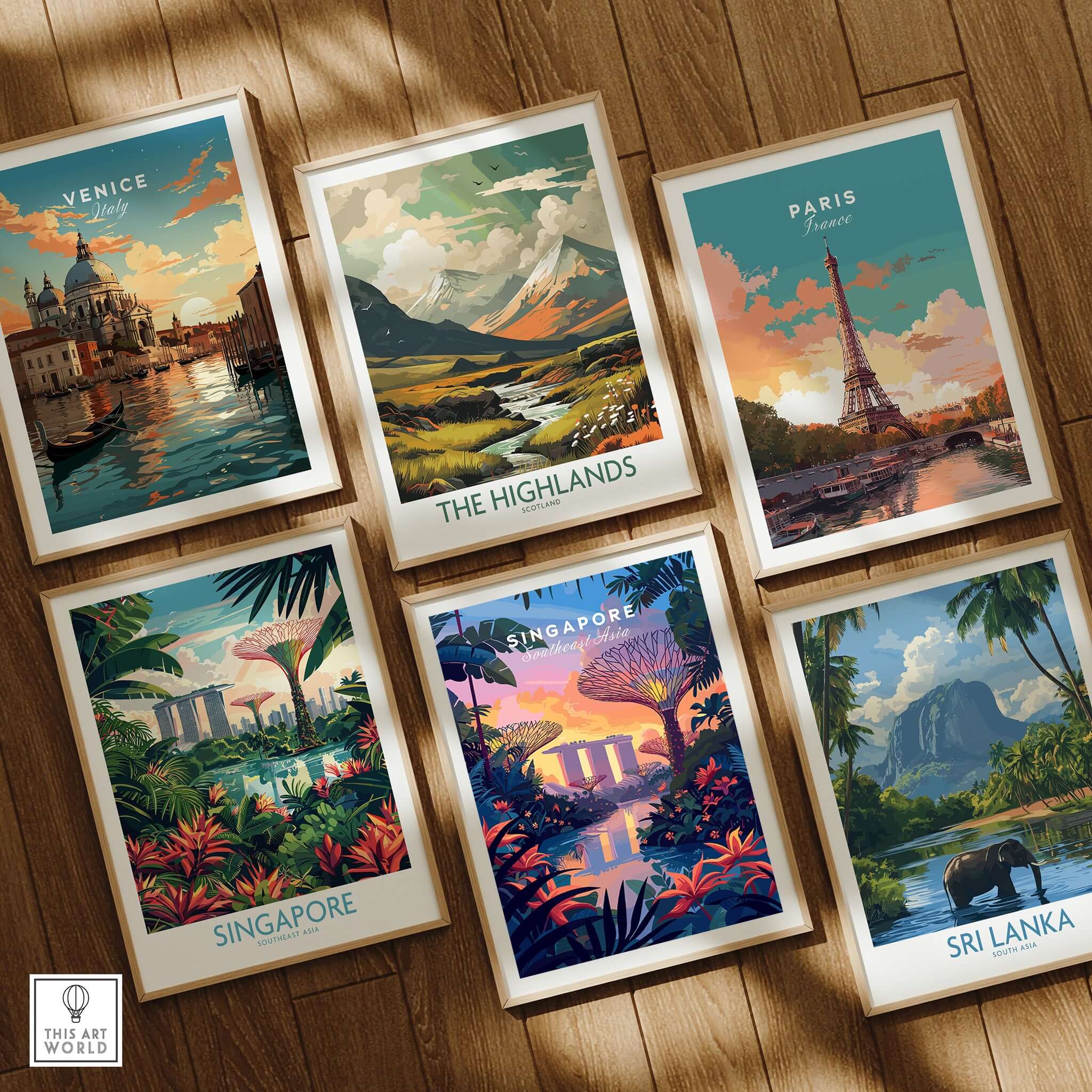 Singapore Poster alongside travel posters of Venice, The Highlands, Paris, and Sri Lanka in a stylish display.