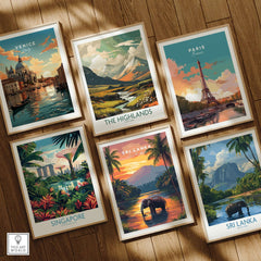 Sri Lanka Wildlife Art - Elephant Sunset Poster, South Asia Decor displayed among other global travel posters.