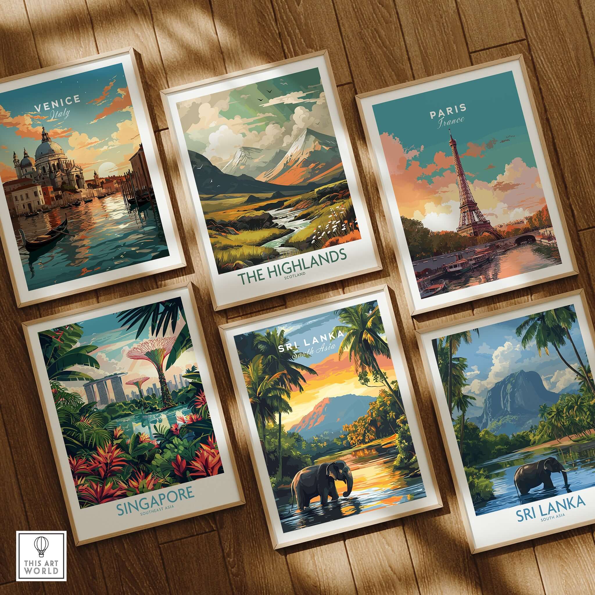 Sri Lanka Paradise Art - South Asia Elephant Print, Warm Sunset Decor featuring multiple travel-themed prints.
