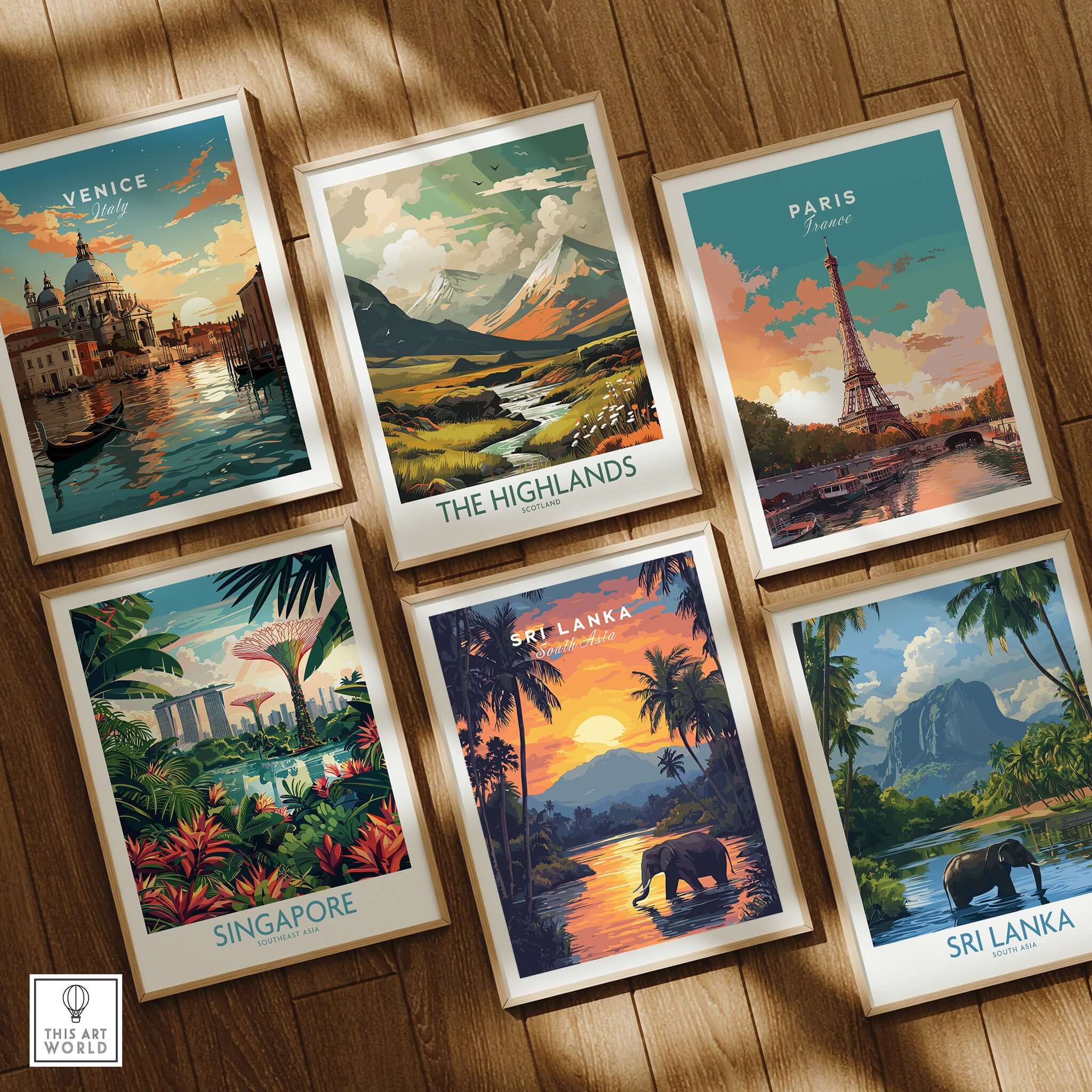 Sri Lanka Wall Art Print - Elephant and Sunset Poster, Exotic Wildlife Decor displayed with other travel art.