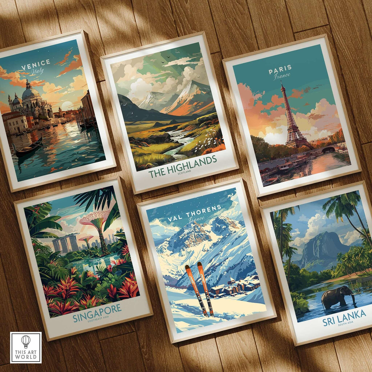 Collection of travel posters featuring Venice, The Highlands, Paris, Val Thorens Travel Poster, Singapore, and Sri Lanka.