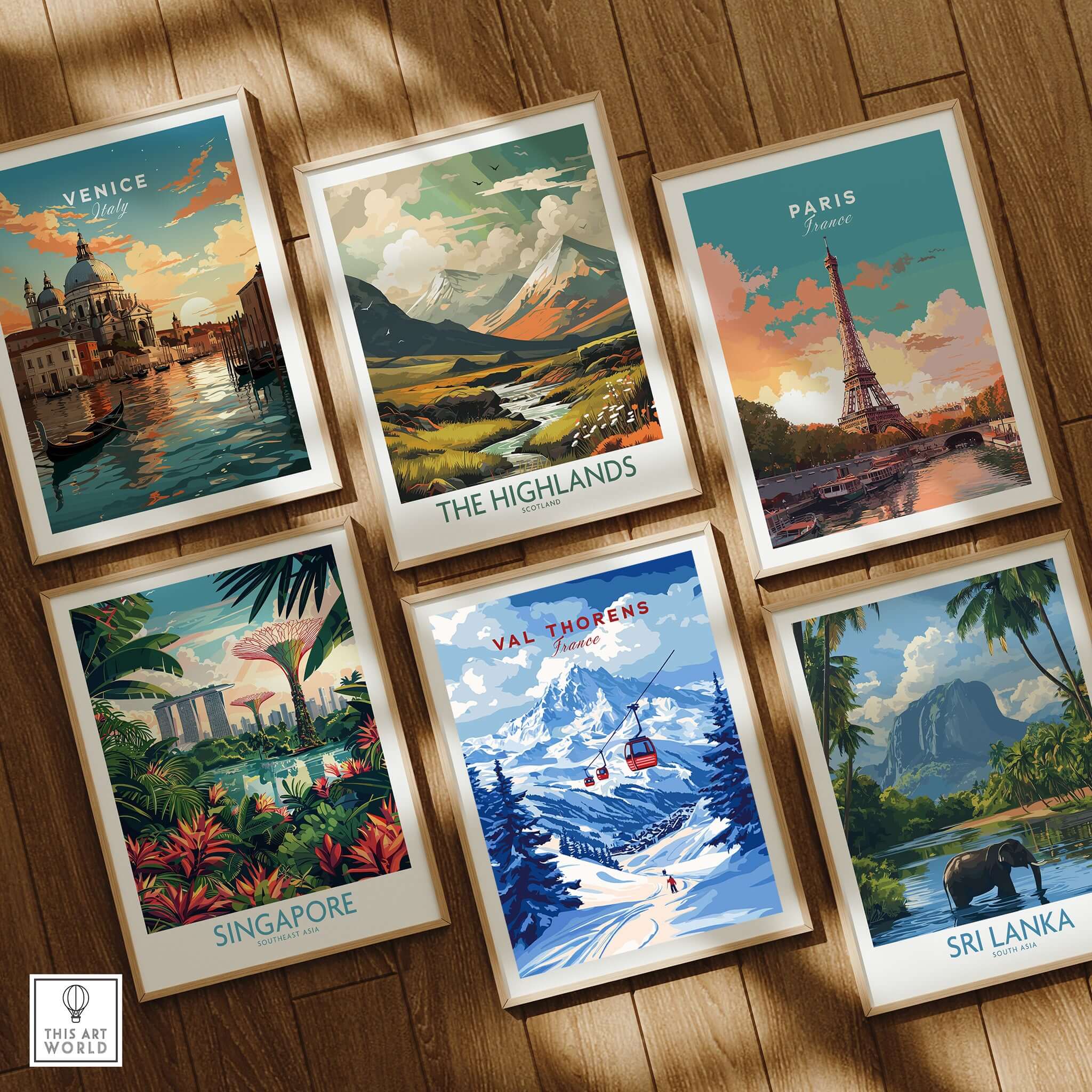 Val Thorens Poster France | Winter Sports Scene Print featuring beautiful ski art amidst other travel posters.