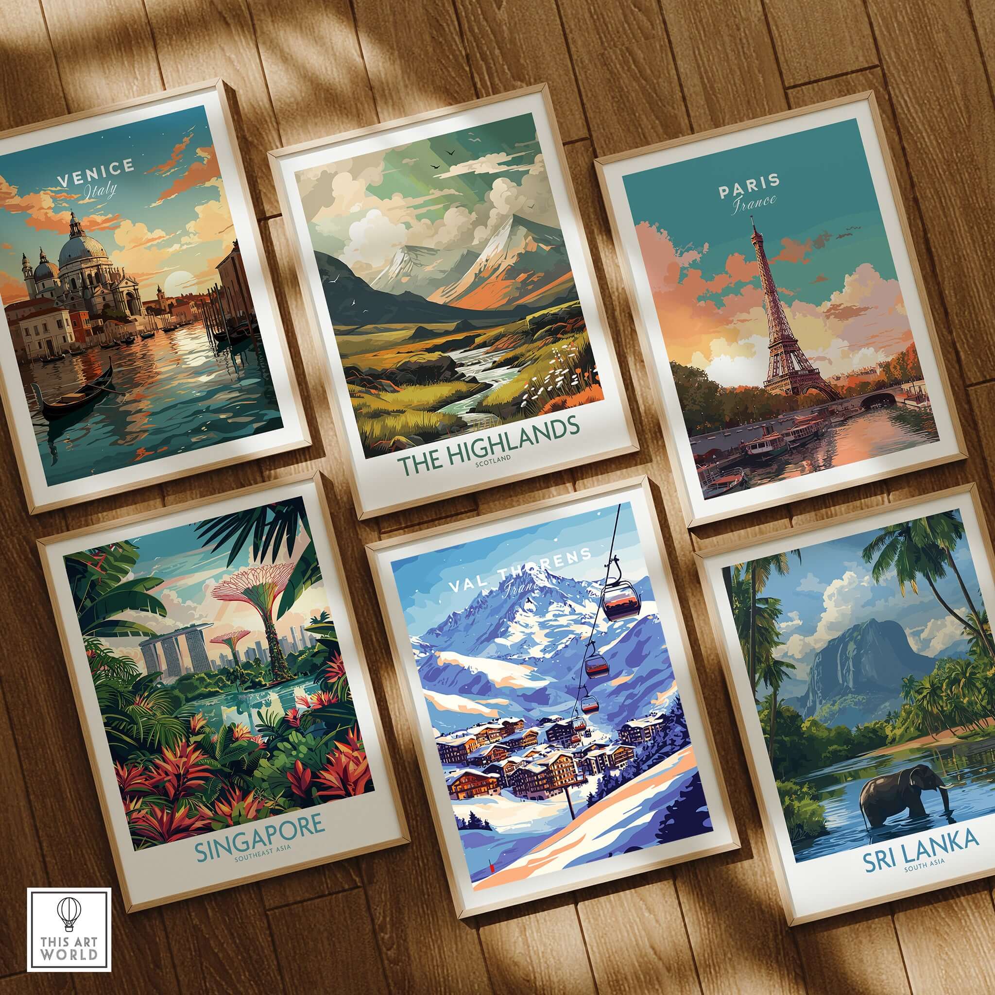 Val Thorens France Ski Poster | Iconic Chairlift Scene among travel posters including Venice, Paris, Highlands, Singapore, and Sri Lanka.