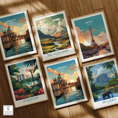 Various travel prints including Venice Print, showcasing serene canals and scenic landscapes.
