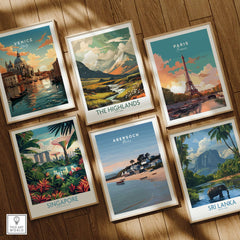 Collection of travel posters featuring Venice, The Highlands, Paris, Abersoch, Singapore, and Sri Lanka canvas prints.
