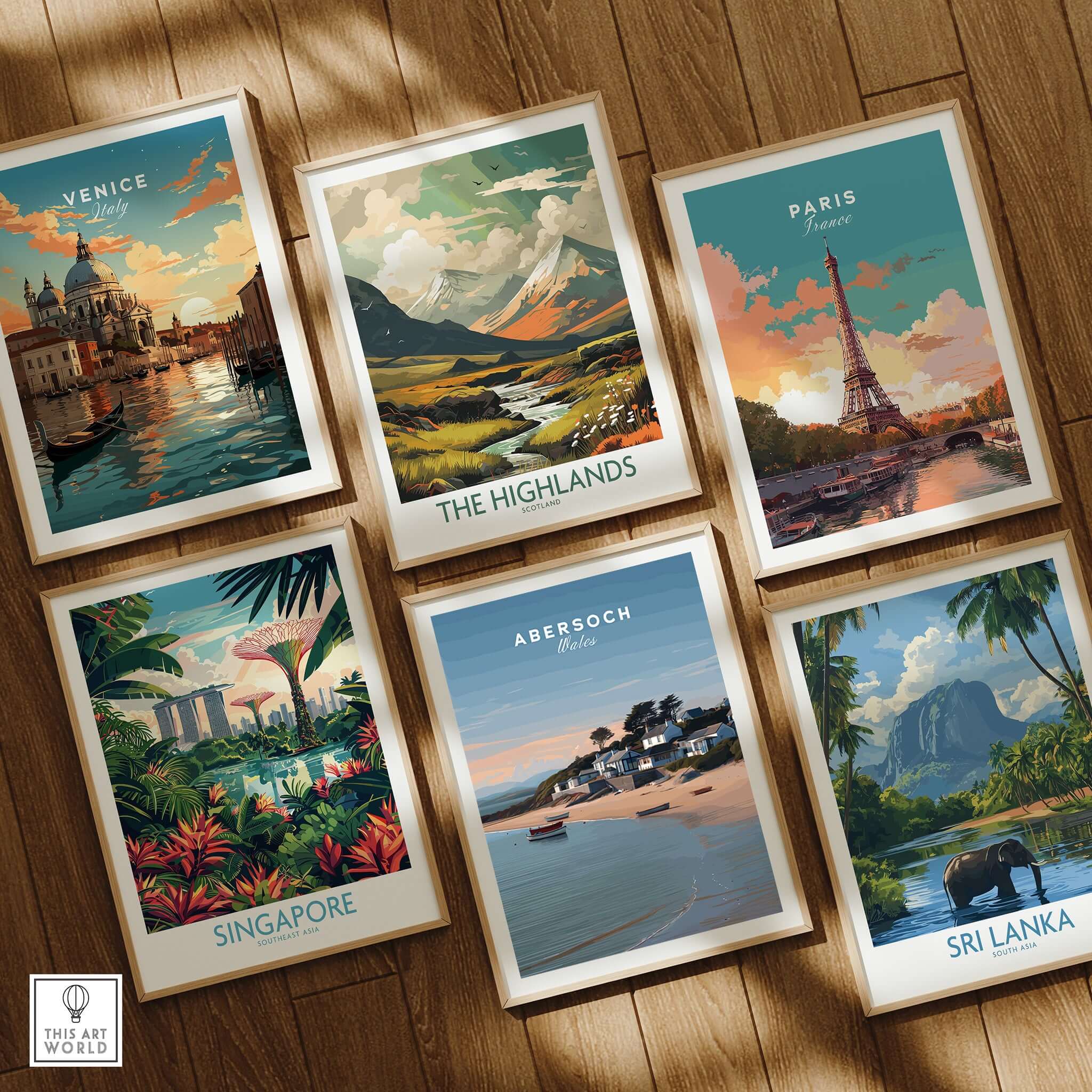 Collection of travel posters featuring Venice, The Highlands, Paris, Abersoch, Singapore, and Sri Lanka canvas prints.