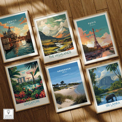 Abersoch Llyn Peninsula Boating Scene Canvas Print | Welsh Seaside Home Decor artwork among travel-themed prints in a stylish display.