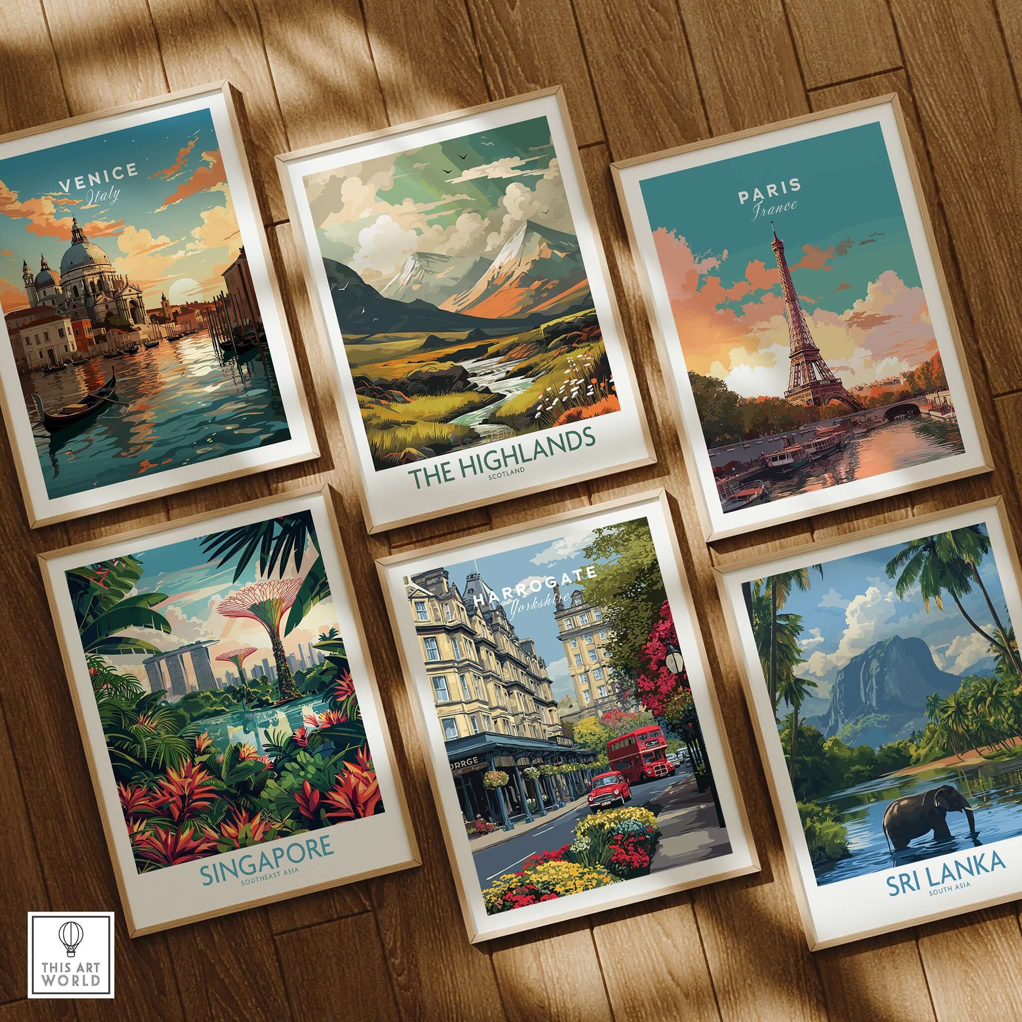 Harrogate Print | English City Wall Decor among vibrant travel art prints of various cities.