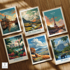 Peak District Scenic View Canvas Print | Derbyshire Home Wall Art displayed alongside other travel-themed prints.