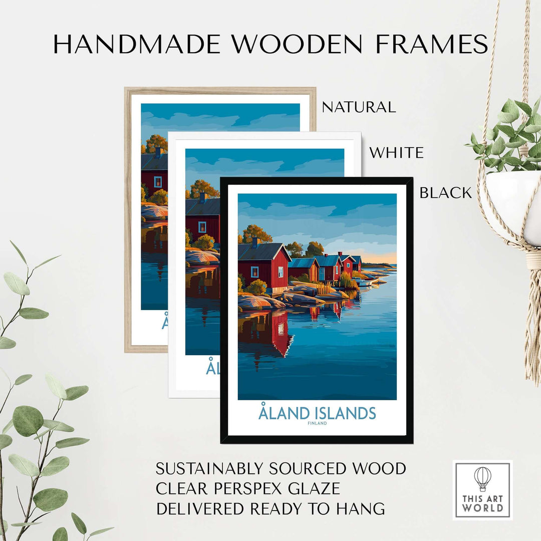 Handmade wooden frames in natural, white, and black showcasing Åland Islands Art Print | Finland Archipelago Wall Decor Poster.