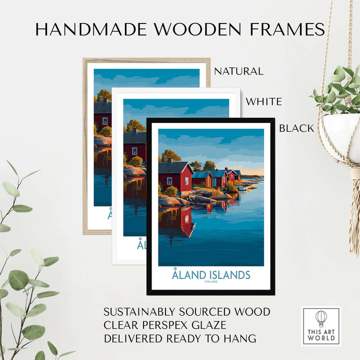 Handmade wooden frames in natural, white, and black showcasing Åland Islands Art Print | Finland Archipelago Wall Decor Poster.