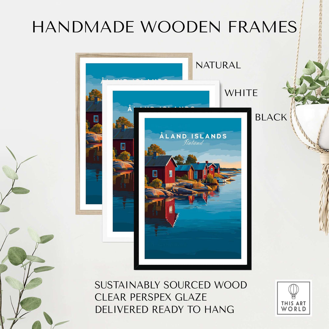 Åland Islands Print | Scandinavian Travel Home Art displayed in handmade wooden frames in natural, white, and black finishes.