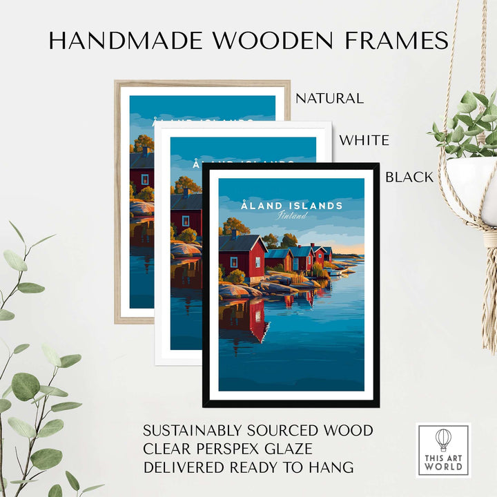 Åland Islands Print | Scandinavian Travel Home Art displayed in handmade wooden frames in natural, white, and black finishes.