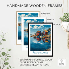 Handmade wooden frames in natural, white, and black, featuring Åland Islands Finland Print | Nordic Coastal Village Poster.