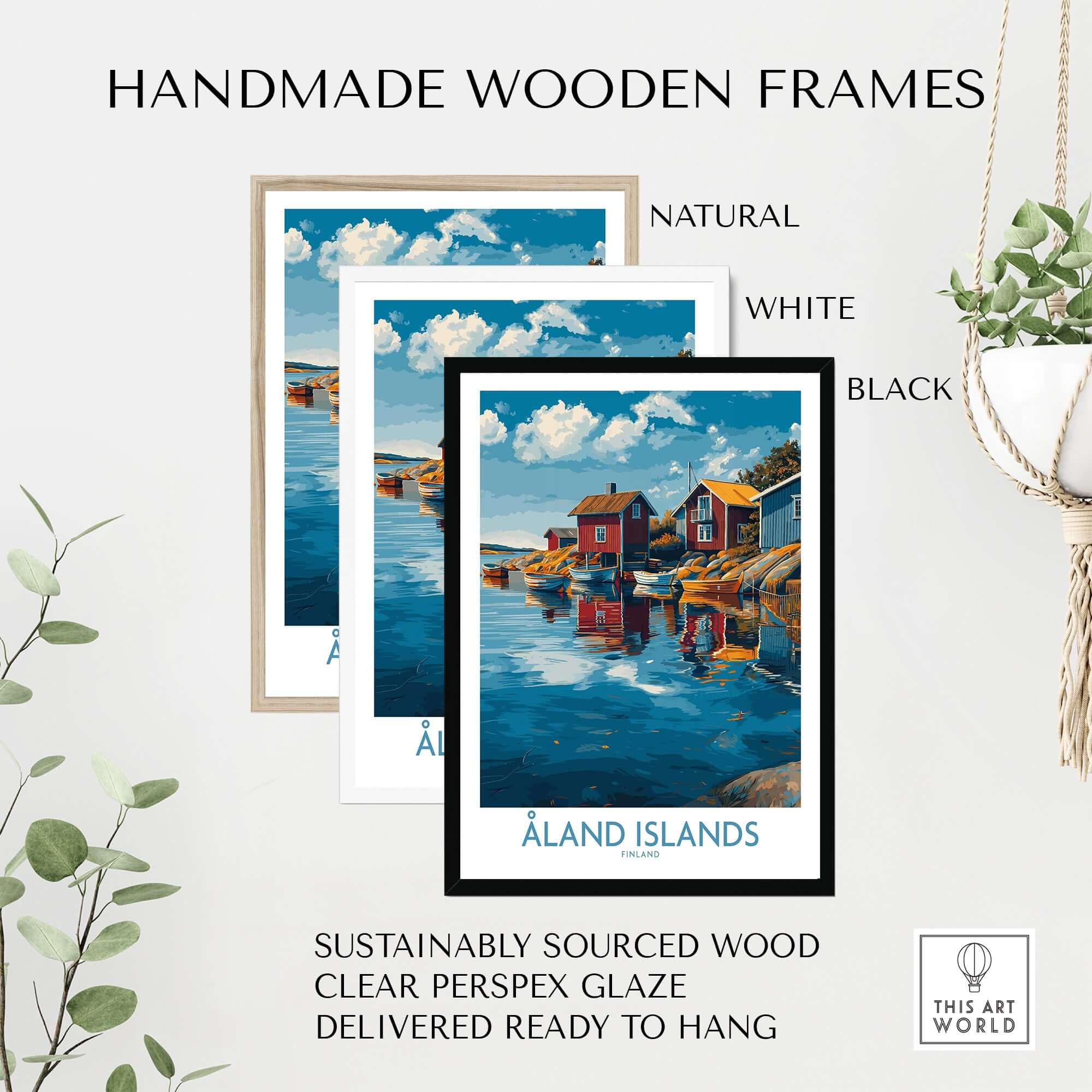 Handmade wooden frames in natural, white, and black, featuring Åland Islands Finland Print | Nordic Coastal Village Poster.