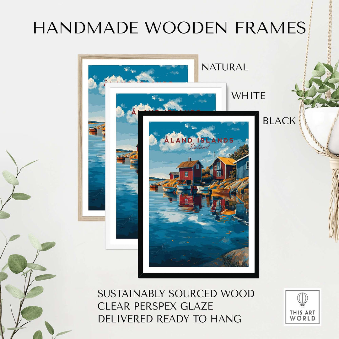 Handmade wooden frames in natural, white, and black colors showcasing the Åland Islands Poster | Scandinavian Sea Wall Decor.