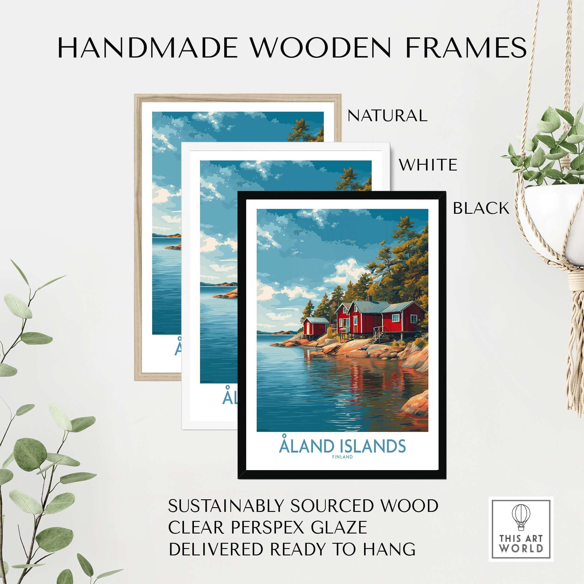 Handmade wooden frames for Åland Islands Lakeside Cabin Art Print | Finland Rustic Landscape Poster in natural, white, and black.