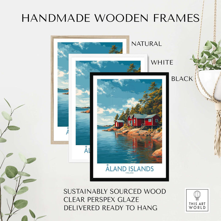 Åland Islands Lakeside Cabin Art Print | Finland Rustic Landscape Poster framed in natural, white, and black frames.