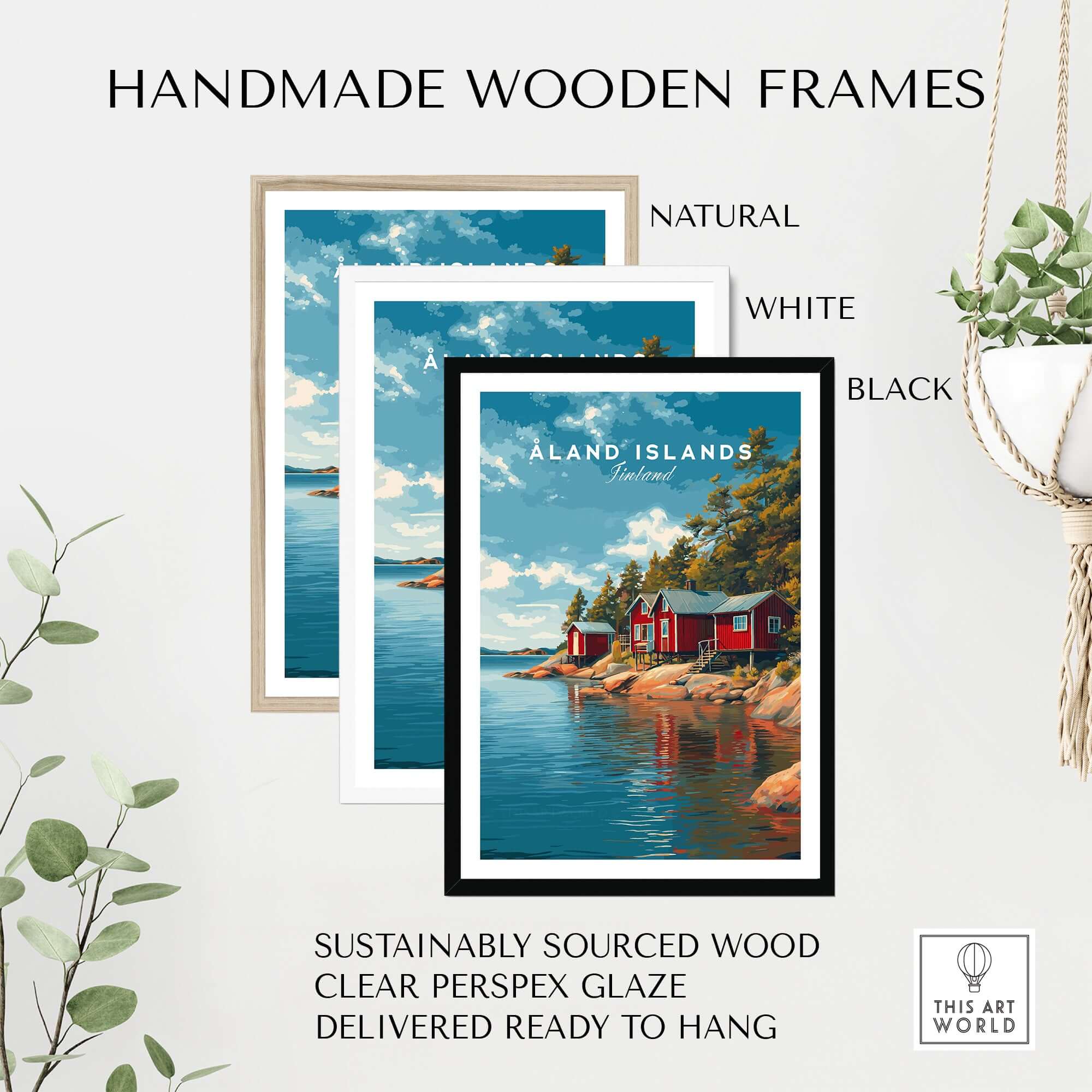 Handmade wooden frames in natural, white, and black colors for Åland Islands Picturesque Nordic Huts Print | Scandinavian Travel Wall Decor.