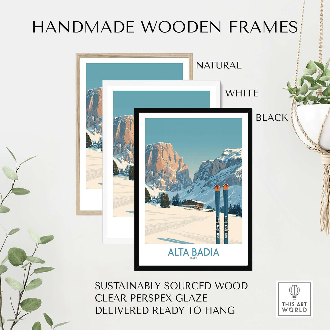 Handmade wooden frames in natural, white, and black for Alta Badia Italy Ski Wall Art, showcasing sustainable materials.
