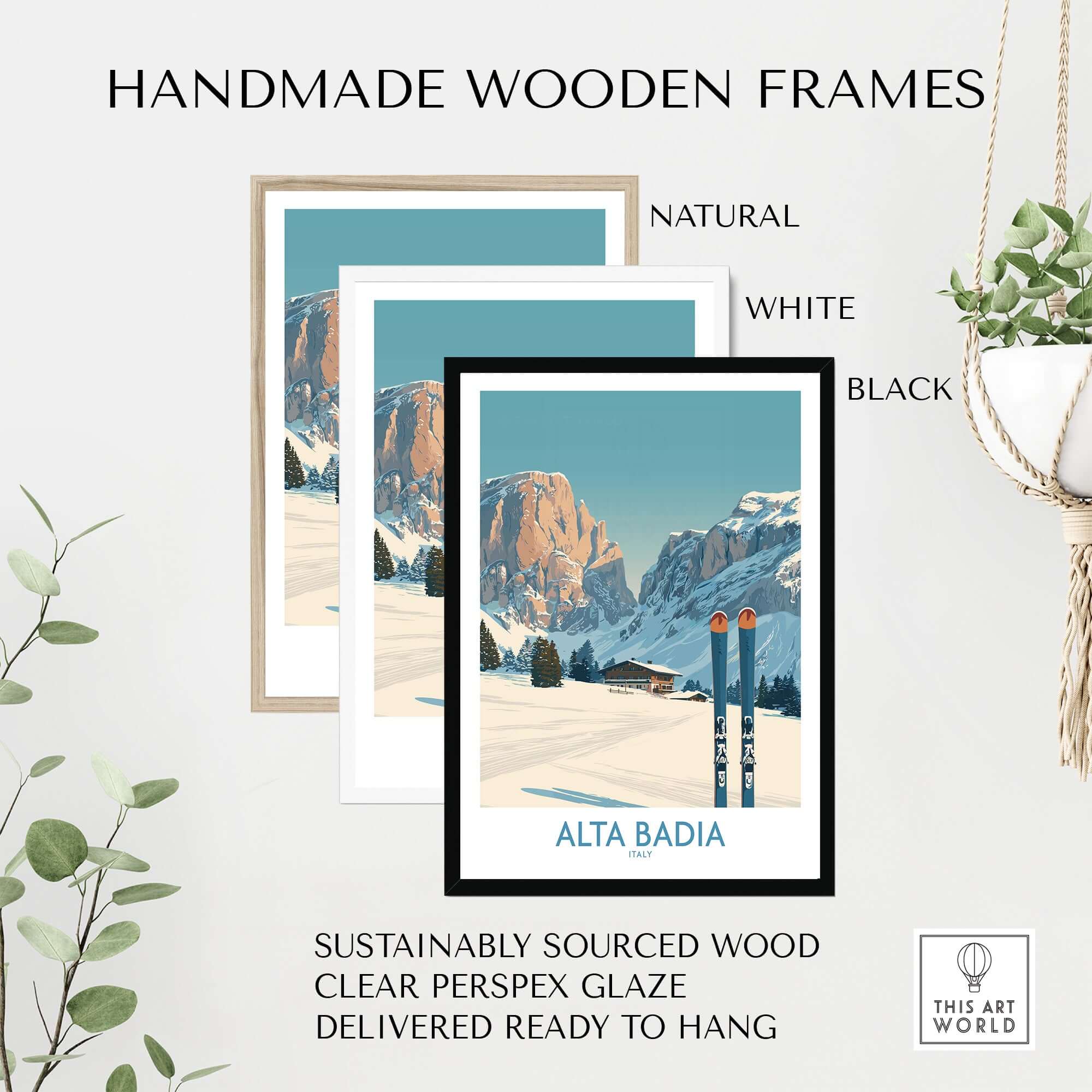 Handmade wooden frames in natural, white, and black for Alta Badia Italy Ski Wall Art, showcasing sustainable materials.
