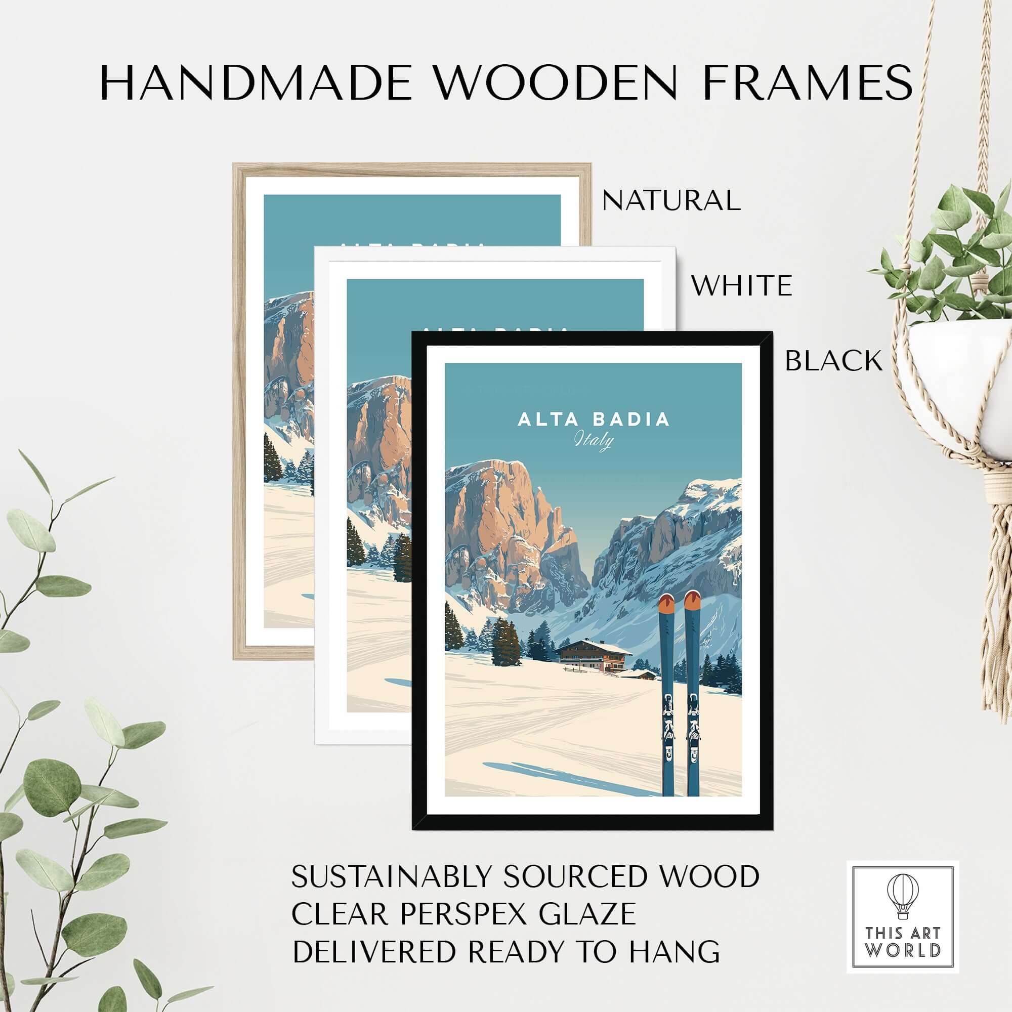 Handmade wooden frames for Alta Badia skiing poster in natural, white, and black finishes, featuring sustainably sourced wood.