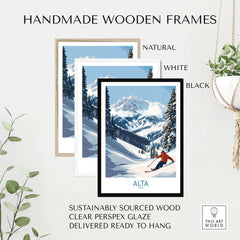 Handmade wooden frames in natural, white, and black for Alta Utah Skiing Adventure Print, featuring sustainable wood and clear glaze.
