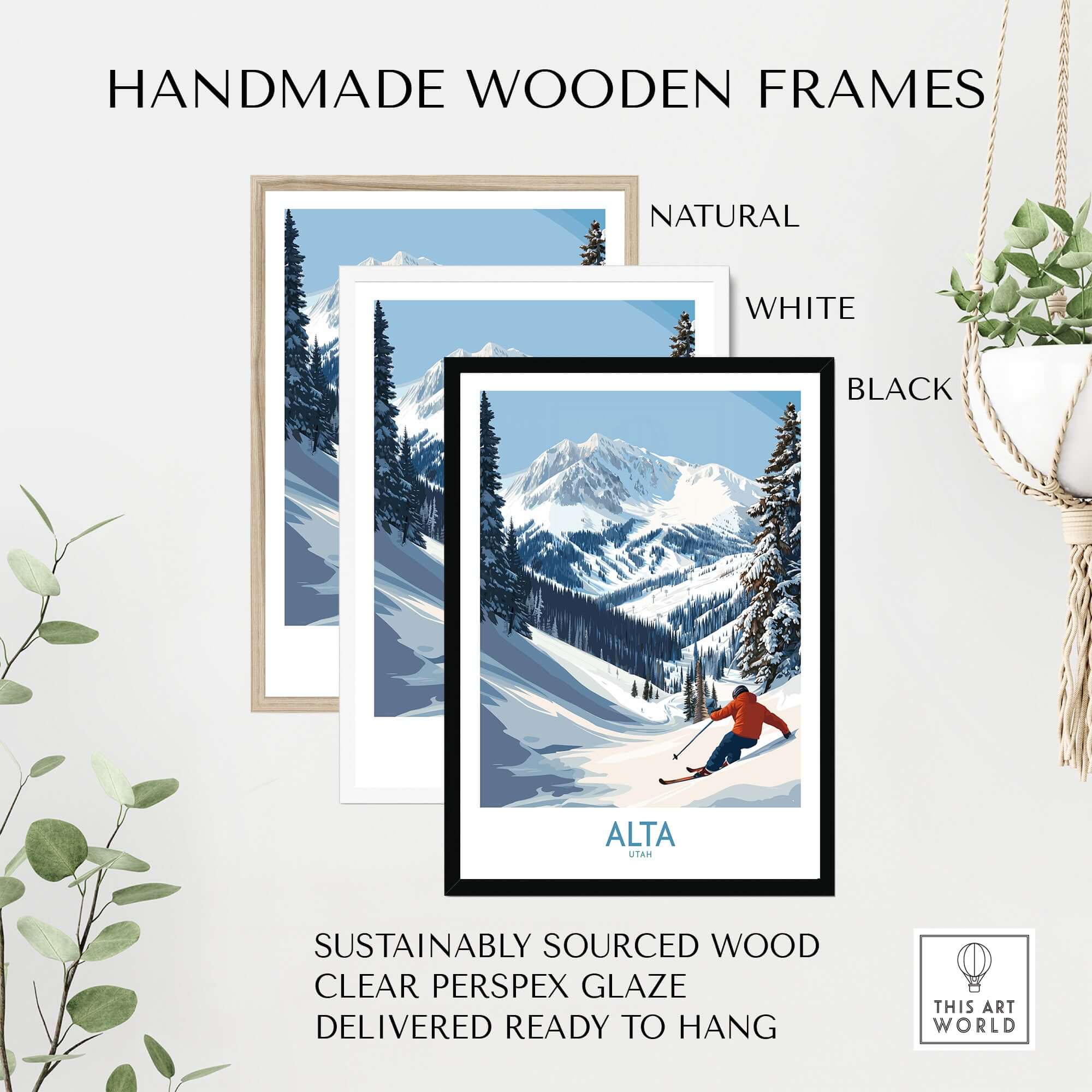 Handmade wooden frames in natural, white, and black for Alta Utah Skiing Adventure Print, featuring sustainable wood and clear glaze.