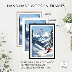 Handmade wooden frames in natural, white, and black for Alta Utah ski poster wall art.