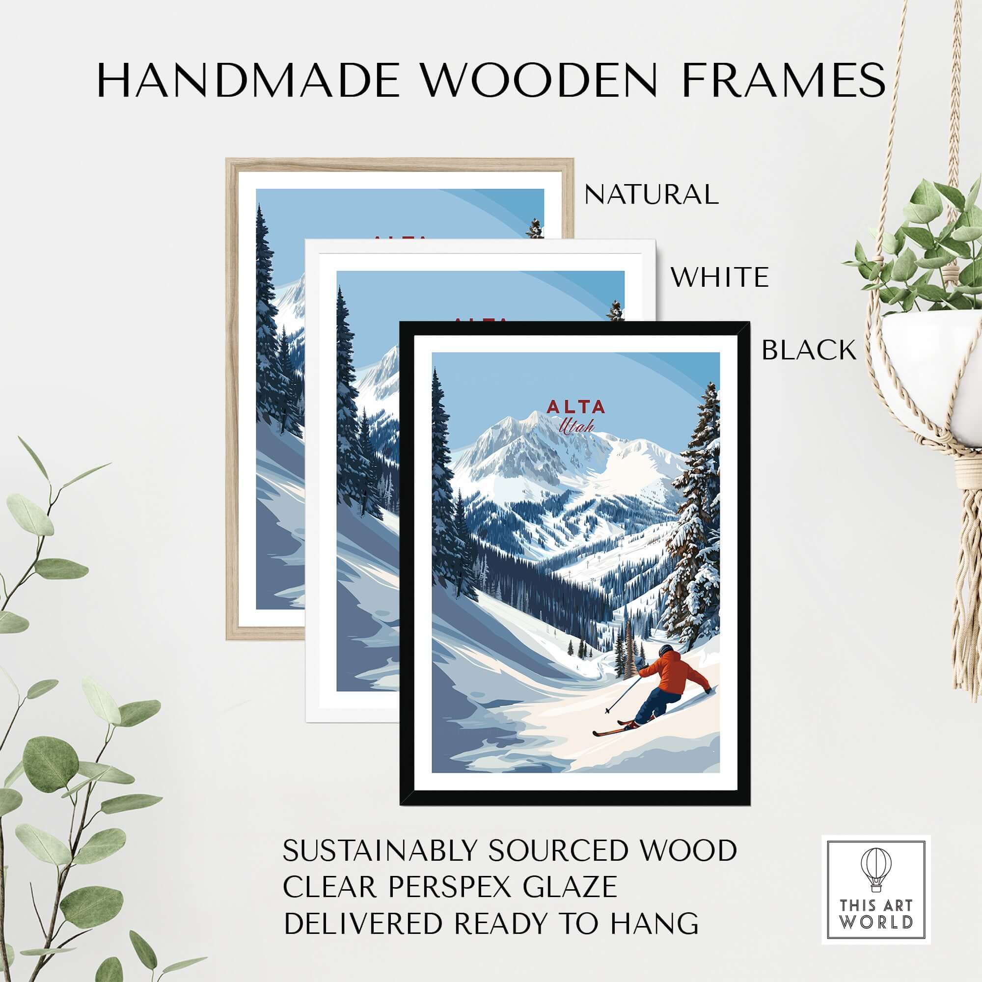 Handmade wooden frames in natural, white, and black for Alta Utah ski poster wall art.