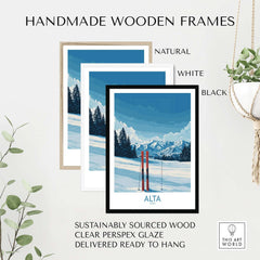 Handmade wooden frames in natural, white, and black for Alta Utah winter mountain landscape poster, ready to hang.